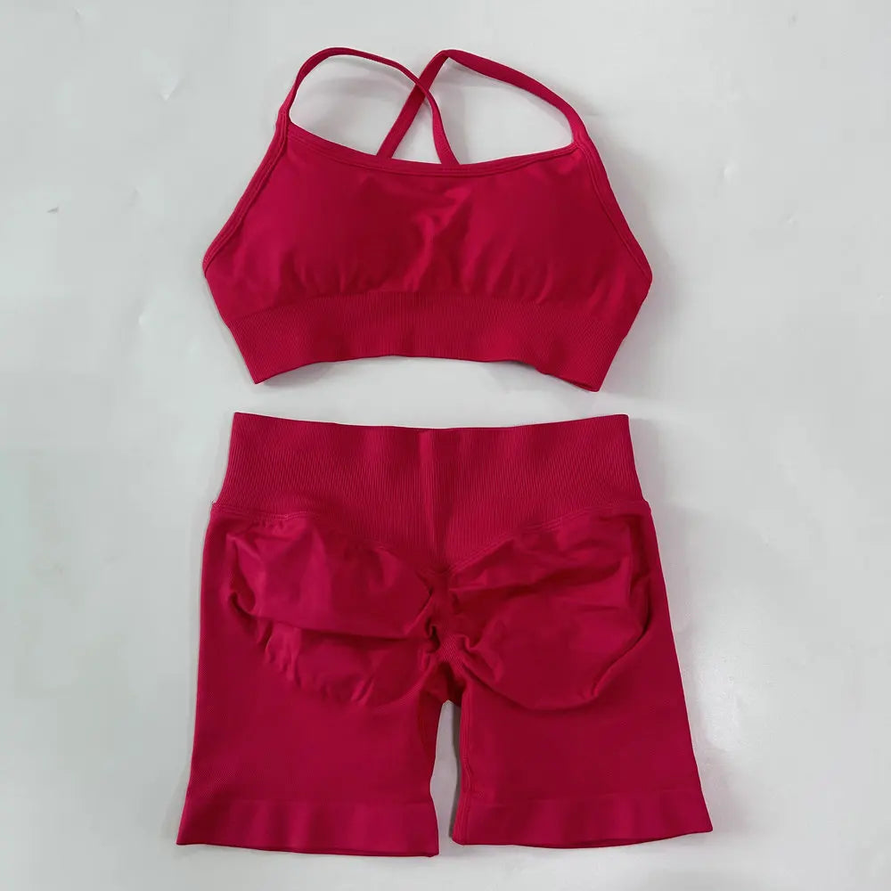 High Quality 2 Piece Gym Set Women Strappy Yoga Bra Top Workout Scrunch Shorts Sports Suit Fitness Clothes Seamless Yoga Set