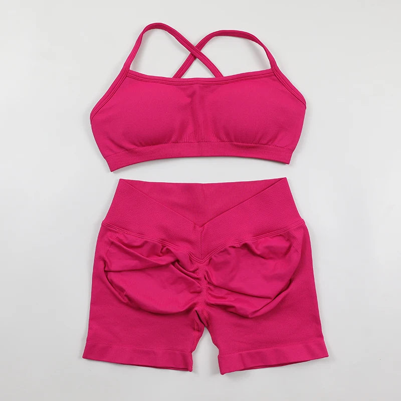 High Quality 2 Piece Gym Set Women Strappy Yoga Bra Top Workout Scrunch Shorts Sports Suit Fitness Clothes Seamless Yoga Set