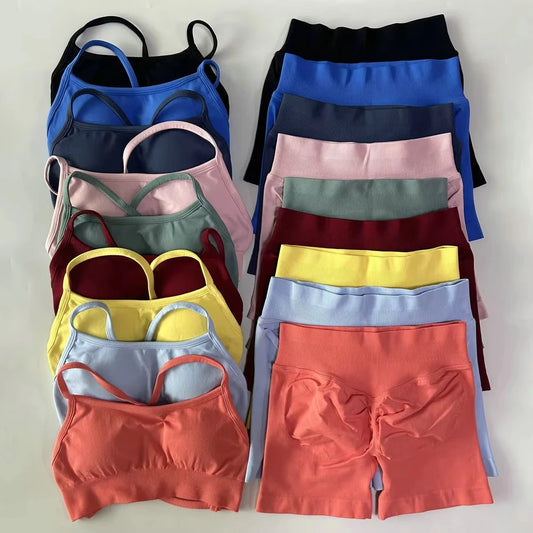 High Quality 2 Piece Gym Set Women Strappy Yoga Bra Top Workout Scrunch Shorts Sports Suit Fitness Clothes Seamless Yoga Set