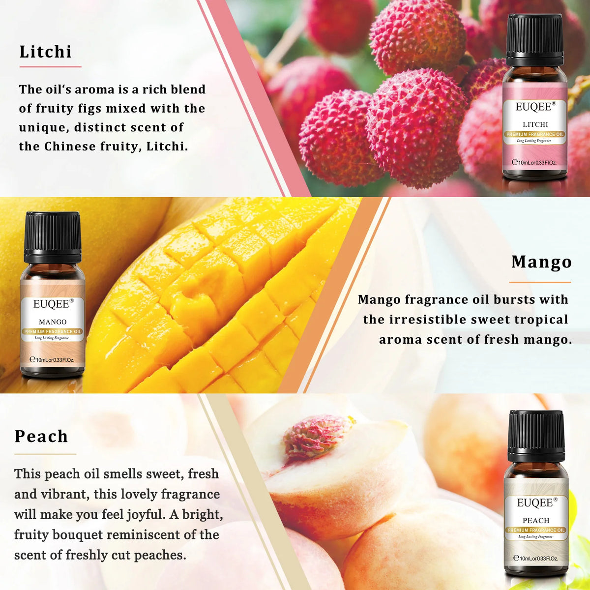 EUQEE Christmas Gift Set Aromatherapy Fragrance Oil 6 x 10ml Peach Litch Mango Cherry Strawberry Apple Aroma Oils For Diffuser,Candle Making