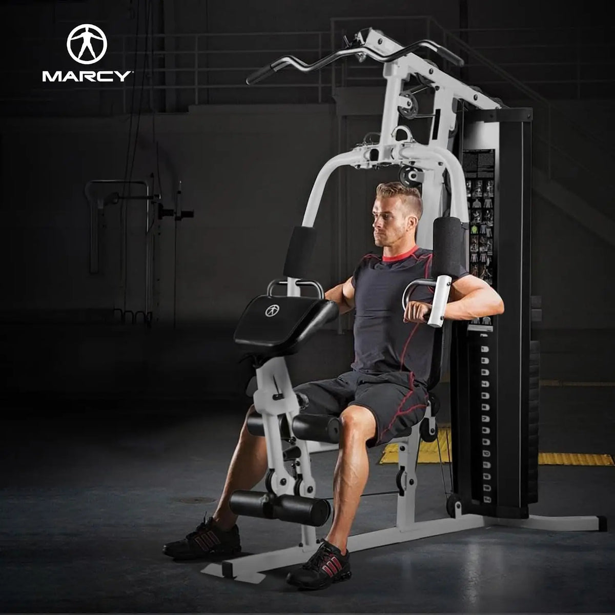 Home Gym Workout Station with Curl Pad, Lat Pulldown, Leg Developer & Weights, White, Custom