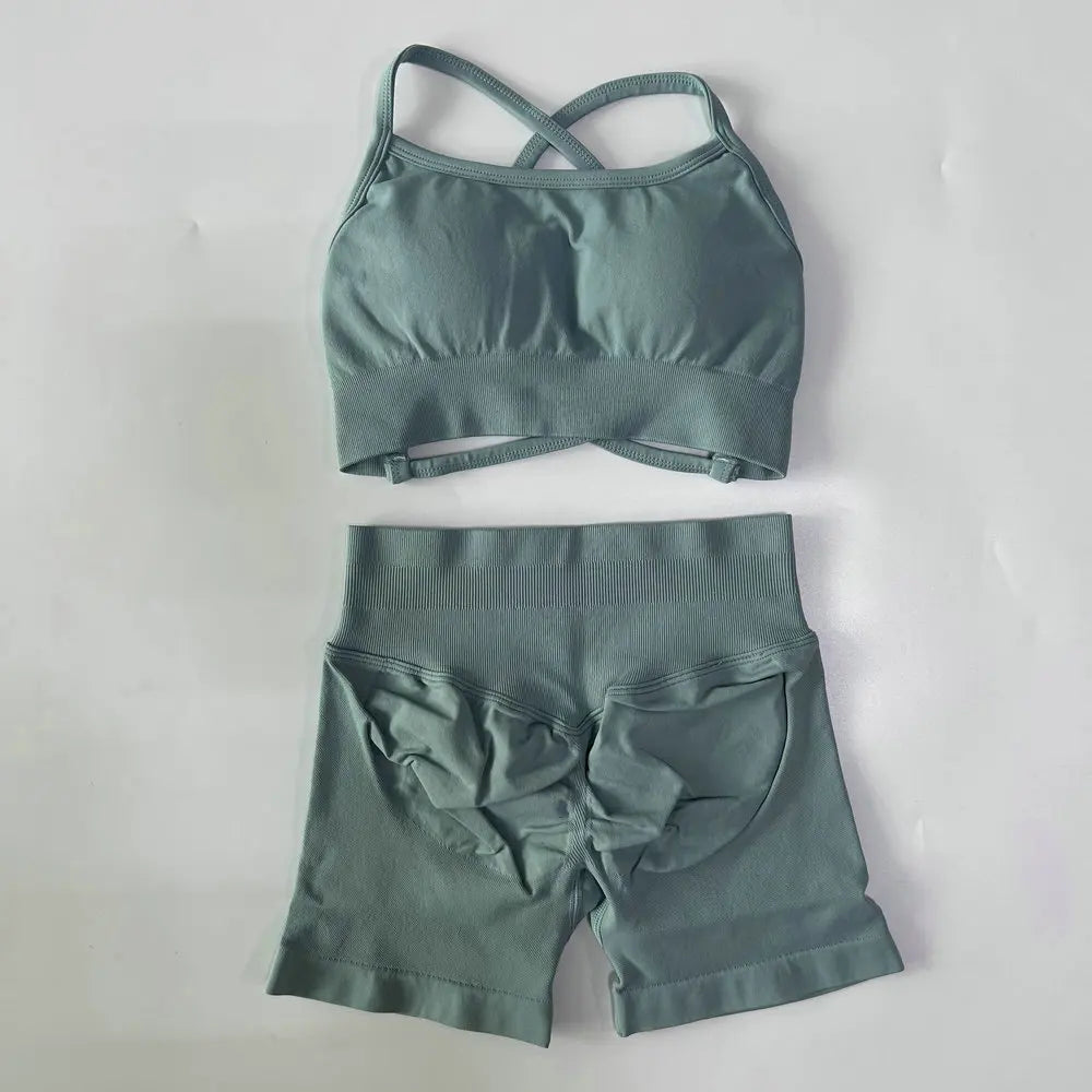 High Quality 2 Piece Gym Set Women Strappy Yoga Bra Top Workout Scrunch Shorts Sports Suit Fitness Clothes Seamless Yoga Set