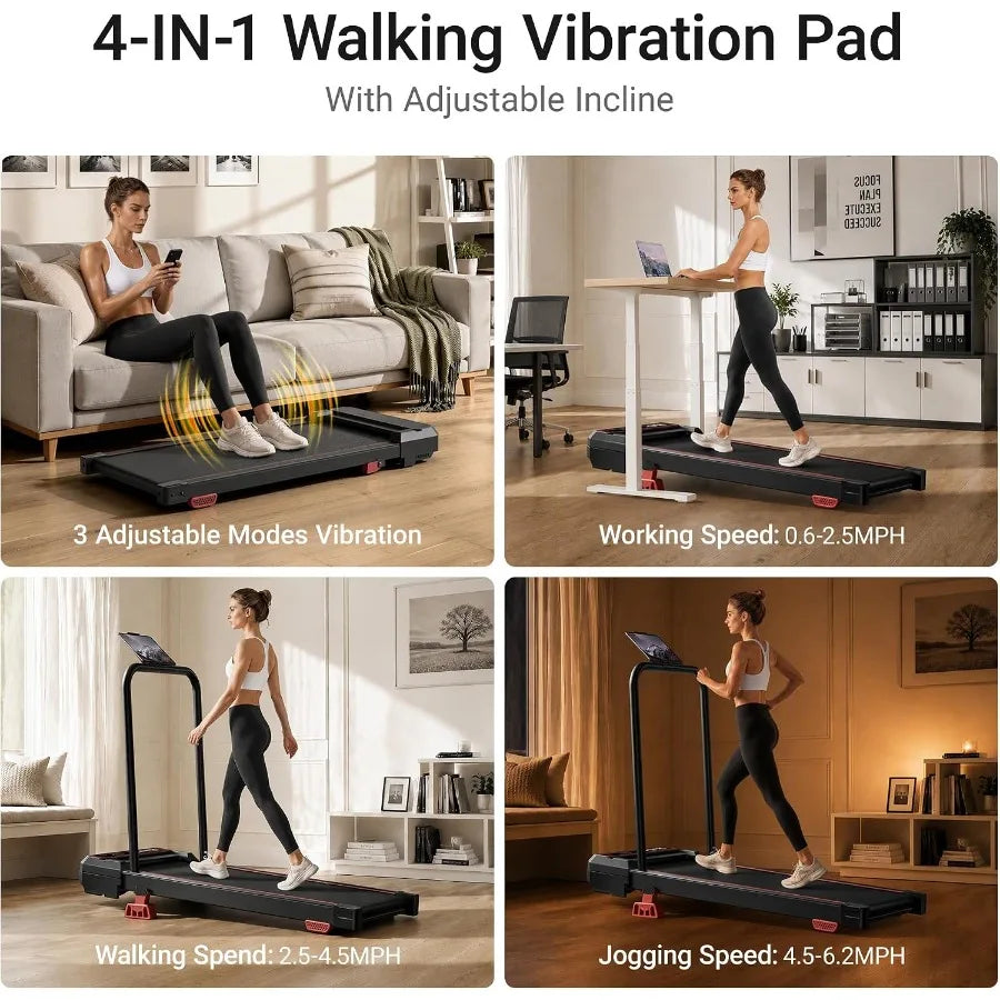 15 Incline Walking Pad with Vibration Plate Handle Bar for home gym use, steel frame, black, compact foldable design