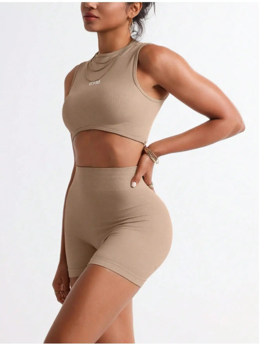 Women's 2 Piece Workout Sets Letter Print Crop Tank Top and High Waisted Biker Shorts Gym Outfits