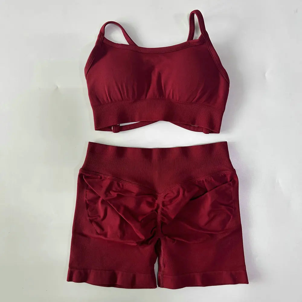 High Quality 2 Piece Gym Set Women Strappy Yoga Bra Top Workout Scrunch Shorts Sports Suit Fitness Clothes Seamless Yoga Set