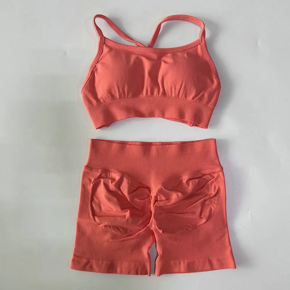 High Quality 2 Piece Gym Set Women Strappy Yoga Bra Top Workout Scrunch Shorts Sports Suit Fitness Clothes Seamless Yoga Set