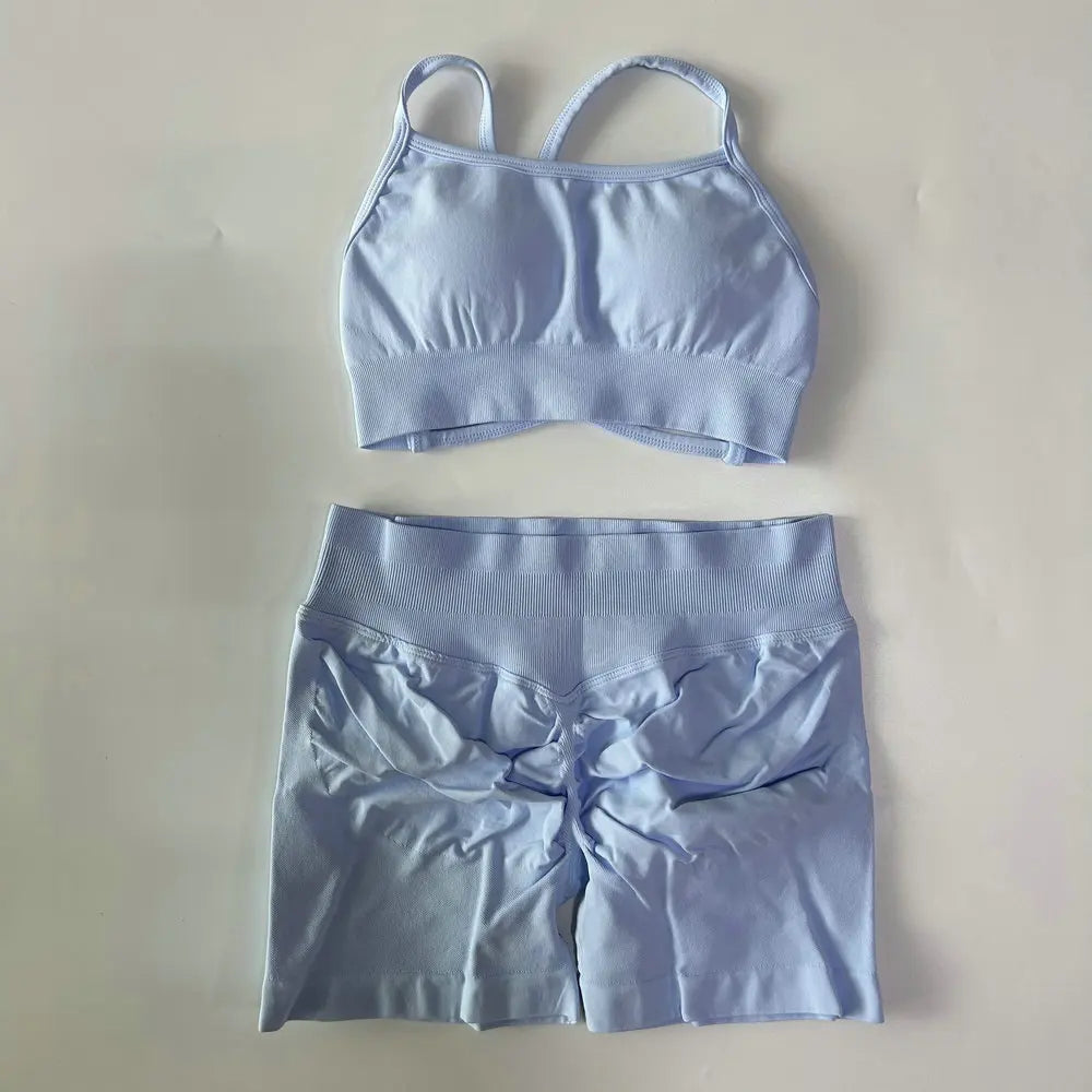 High Quality 2 Piece Gym Set Women Strappy Yoga Bra Top Workout Scrunch Shorts Sports Suit Fitness Clothes Seamless Yoga Set